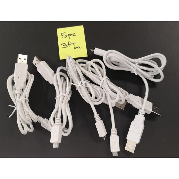 5 Pack. 3ft USB to Micro USB Cable. White. 5PC Cord. For Charging Cellphone - Picture 1 of 5
